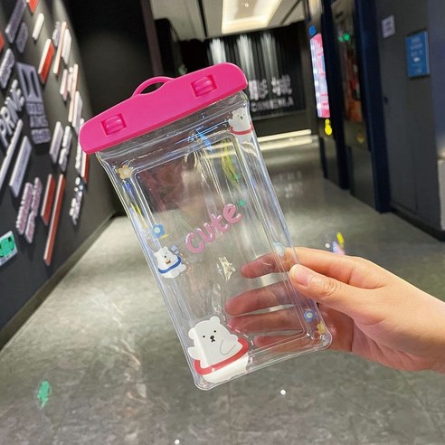 ZZJJC 캐릭터 크로스폰 방수팩 터치스크린 잠수가방 밀폐팩 수영표류포켓온천, 원버튼 귀여운 핑크베어, 원메이크업(하나뿐)