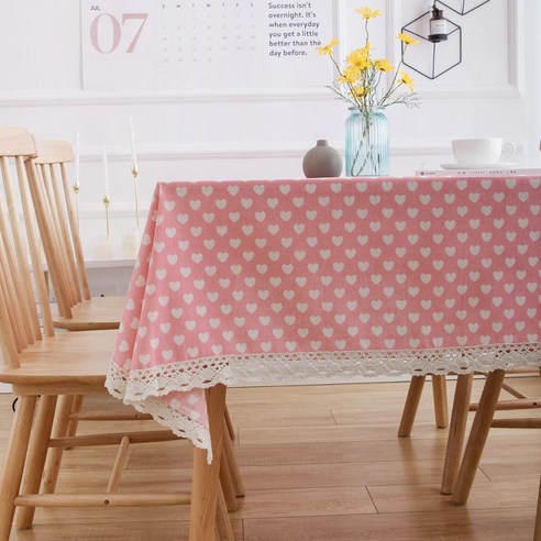 핑크 스위트 하트 프린트 테이블 천 레이스 테두리 주방 식당 홈 장식 직사각형 린넨 장식 식탁보, 140X160cm, same as photo