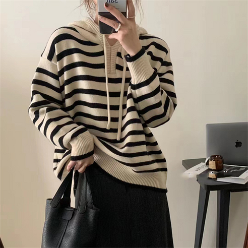 단가라 후드니트 베이지 블랙