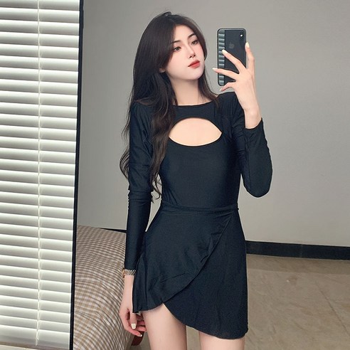 DFMEI 서핑 보수 스커트 복서 태양 방지 수영복 긴팔 슬리밍 배꼽 커버 스포츠 휴가 수영복, DFMEI 블랙