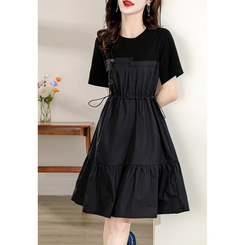 페이크 투피스 여름 프렌치 햅번 통근 스트링 허리 조임 원피스