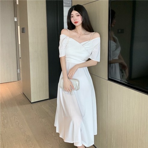 일자 넥 드레스 헵번 윈드스토퍼 진주나시 원피스 여 조거 미디 스커트 여름