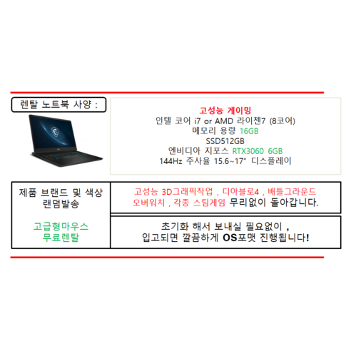 게이밍노트북 RTX3060 렌탈 단기 대여 렌트 그래픽작업 게임, 게이밍, WIN10 Home, 16GB, 512GB, 코어i7, 10일 렌탈