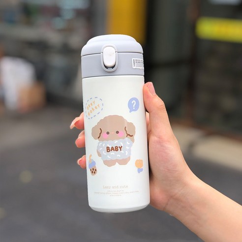 [LM] 380ml 귀여운 곰 보온병 스테인레스 스틸 보온 만화 스포츠 차 보온병 빨대, White A
