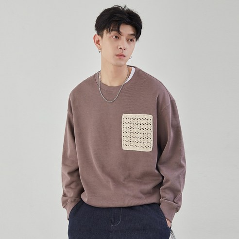 Sorfil 도시 심플한 스티커 장식 커피색 루즈한 캐주얼 라운드 맨투맨