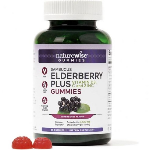 NatureWise Elderberry Gummies with Vitamin C + Zinc + Vitamin D – Premium Sambucus Elderberry Gummie, 90 Count (Pack of 1), 1개, 60정 엘더베리구미 NatureWise Elderberry Gummies with Vitamin C + Zinc + Vitamin D – Premium Sambucus Elderberry Gummie, 90 Count (Pack of 1), 1개, 60정 엘더베리구미