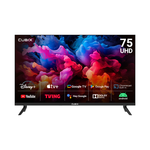 큐빅스 4K UHD LED 스마트 TV 189cm(75인치) 구글 안드로이드 HDR 블루투스 WIFI 넷플릭스 유튜브 스탠드 벽걸이 기사방문설치, 190cm(75인치), NGE751UHD, 스탠드형, 방문설치