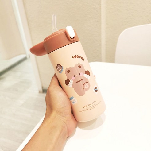절연 컵 숙녀 크리 에이 티브 고 가치 휴대용 물 컵 하트 인 바람 간단한 짚 컵, 380ML 커피 컬러 베어, {"패션의류/잡화 사이즈":"컵"}