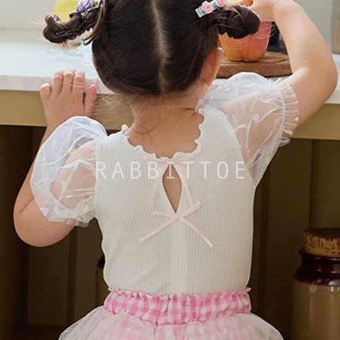 오로라 하트 백리본 여아 반팔 시스루 퍼프 소매 블라우스 티셔츠 (4color)
