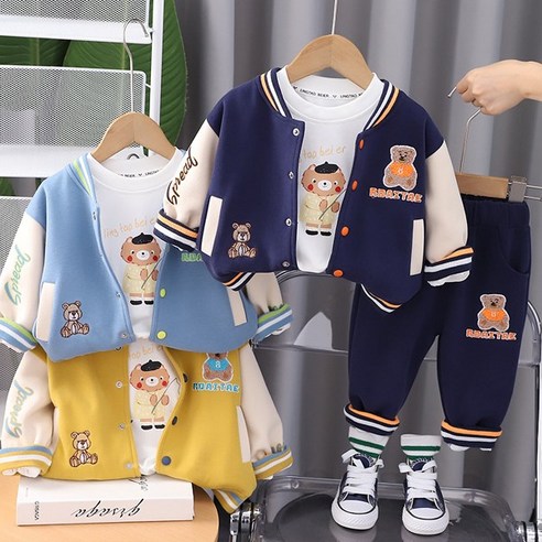보보쇼즈 추천 상품까꿍맘 봄.가을신상 /E14.곰야구점퍼3종 점퍼+티셔츠+바지 남아 여아 아동 유아 가을점퍼 가을옷 츄리닝 티셔츠 제품 사진