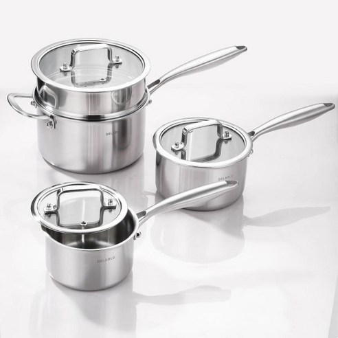 DELARLO Tri-Ply 스테인리스 Saucepan 세트 With Steamer 1.0QT 2QT 3.5QT 주방 인덕션 Sauce Pan 쿠킹 Pot 식기세척기 사용가능, Stainless Steel_1QT+2QT+3.5QT