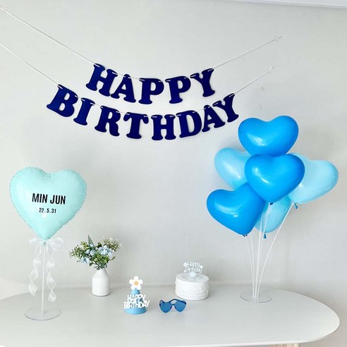 연지마켓 생일가랜드 하트 풍선 생일 파티 용품 세트, 1세트, 블루 레터링 하트