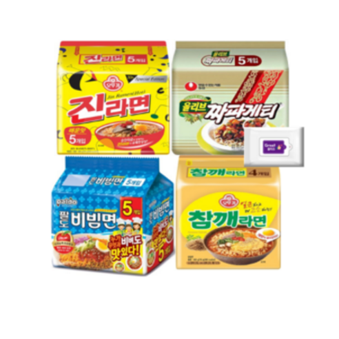 진라면매운맛5개+팔도비빔면5개+짜파게티5개+참깨라면4개+그레잇물티슈(10매), 1세트