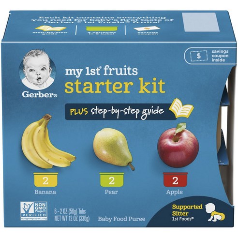 거버 마이 1st 프루트 스타터 어린이 과일퓨레 56g 6개입 + 스텝-바이-스텝 가이드 키트, 1개, 바나나(Banana) 배(Pear) 사과(Apple)