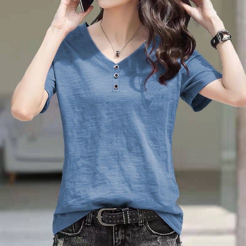 린넨블라우스  Women in their 40s and 50s Short-sleeved T-shirt Casual V-neck T-shirt Plus Size M-4XL