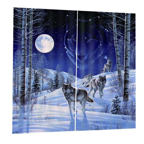3D 동물 효과 커튼 침실 식당 창 드레이프 배경막 2Panel, 스노우 Wolves-85x200cm, 설명