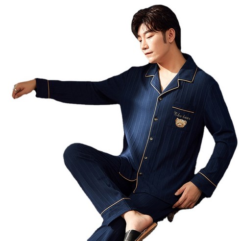 ANKRIC 남자 잠옷 봄 · 가을 한국판 단순 홈웨어 남성복 라이브 기모잠옷