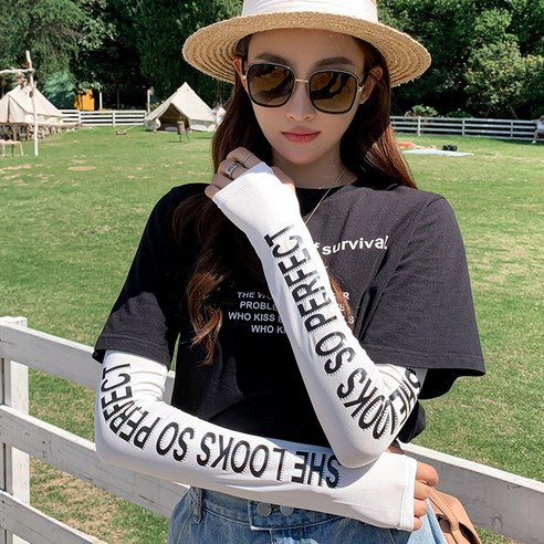 DFMEI 아이스 실크 슬리브 선 스크린 여성 ins 운전 스포츠 남성용 자외선 방지 조수 여름 핸드 슬리브 암 슬리브 슬리브, DFMEI SHE 블랙 빅 잉글리쉬 - 화이트