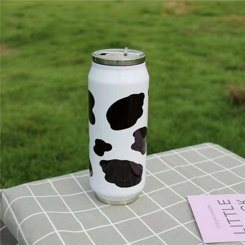 urkoteer 젖소 프린트 스텐 휴대용 텀블러, 500ml, black and white cow
