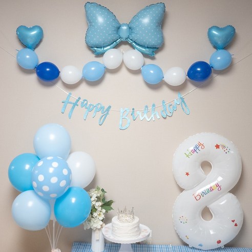 연지마켓 생일풍선 생일파티용품 리본풍선 숫자세트, 블루리본 화이트세트 8