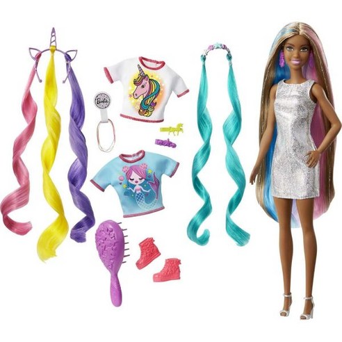 Barbie 바비 판타지 헤어 인형 및 액세서리 인어와 유니콘에서 영감을 받은 옷을 입은 화려한 갈색 머리의 긴 머리, Brunette, 1개 - 베어브릭... 
