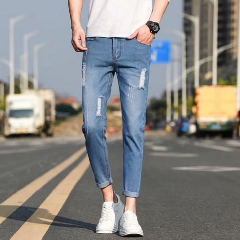 패션 남성 슬림 캐주얼 바지 스트리트 찢어진 청바지