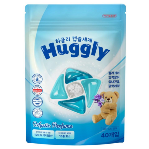허글리 10IN1 딥 퍼퓸 초고농축 캡슐 세탁세제 미스틱 퍼퓸 향 섬유유연제 실내건조 겸용, 40개입, 1개