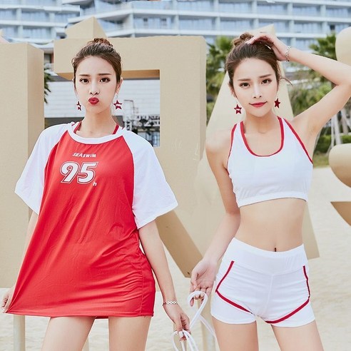 KORELAN 수영복 보수 운동 온몸 배 가리다 날씬하다 ins 초선 수영 수업, 빨간색 (3 개 세트), {"사이즈":"S(70~90근)"}