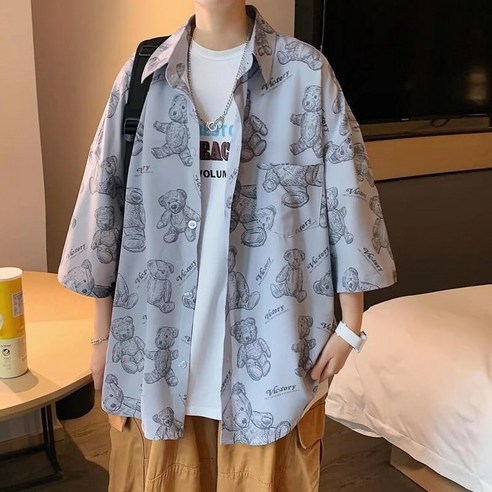 반팔 셔츠 새로운 여름 트렌드 느슨하고 잘 생긴 홍콩 스타일 셔츠 캐주얼 칠팔 재킷
