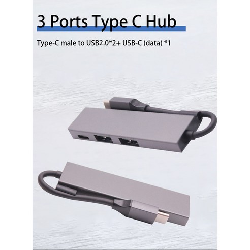 Lopbinte 2개의 USB 2.0+USB C 데이터 전송 포트가 있는 허브, 회색