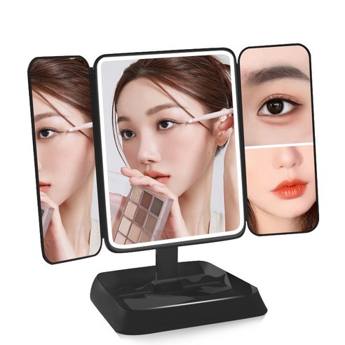돌아라 무선 충전식 거울 접이식 LED 3단계 디밍 화장대거울, 블랙
