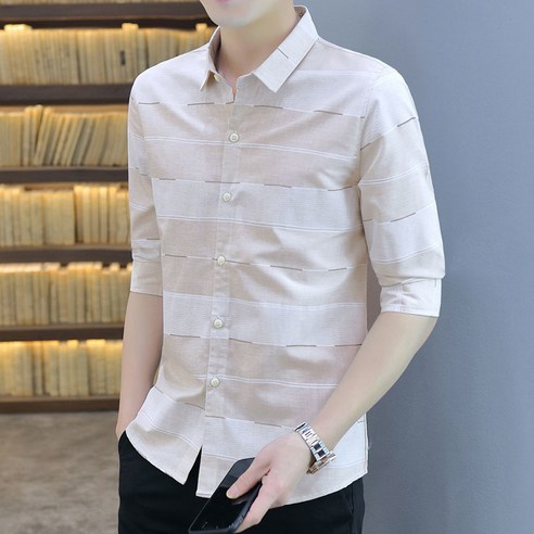 여름 남성 중반 소매 셔츠 한국식 비즈니스 캐주얼 체크 무늬 옷깃 반팔 셔츠 청소년