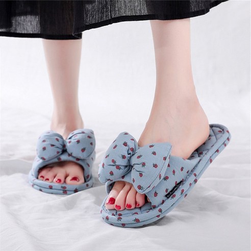 오브메종 3중 쿠션 딸기 리본 면 슬리퍼, 블루, 1세트