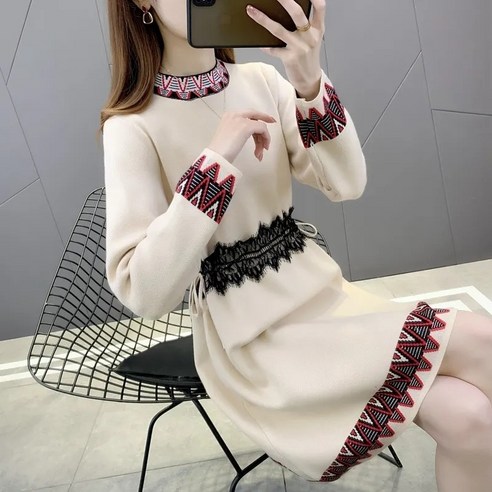 L&E 새로운 겨울 슬림 허리 니트 드레스 스웨터 드레스 원피스