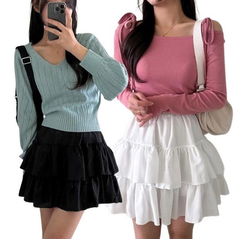 [풀문]무지 데일리 휘뚜루마뚜루 러블리 무드 / 2단캉캉플레어 미니 스커트CT