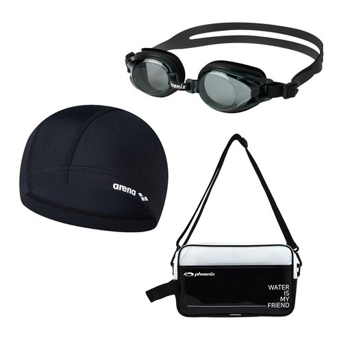 생존수영 키트 아레나 스판 수모+피닉스 아동 수경 PN-509J+피닉스 가방 PSB-500, 1개, 수경 블랙, 가방 블랙