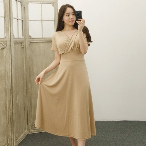 백리본 브이넥 루즈핏 여름 반팔 롱원피스