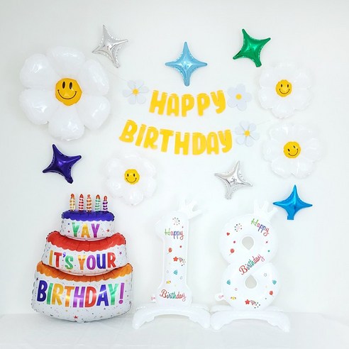 지에이엠 데이지 가랜드 두자리 스탠딩숫자 대형케익풍선 생일파티 세트(공기주입기 포함), 1세트, 18번세트