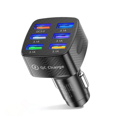 자동차 충전기 6 USB 포트 휴대폰 GPS 충전 어댑터 QC3.0 Android/iOS 장치 전원 어댑터 용 충전기, 검은색