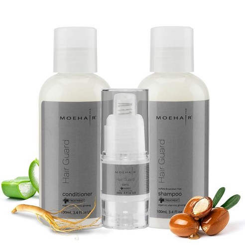 MOEHAIR Travel Trio 헤어 가드 샴푸 및 컨디셔너 팩 (99.4ml(3.4액량 온스) 헤어 토닉 포함 (13.5ml(0.5액량 온스) | 여행 친화적 | 모발 및, 트리오 팩, 3개