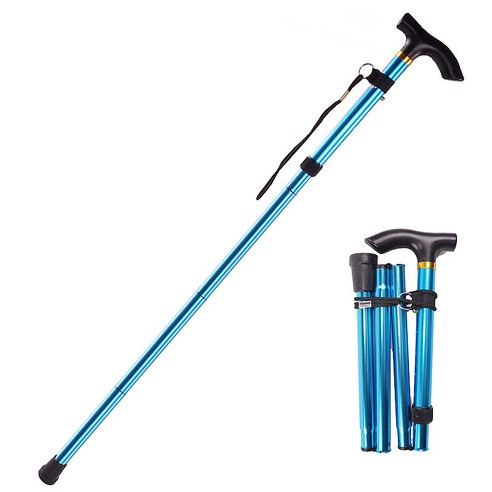 노인용지팡이 다기능 트레킹 폴 텔레스코픽 접이식 목발 하이킹 스틱 금속 야외 산책, blue