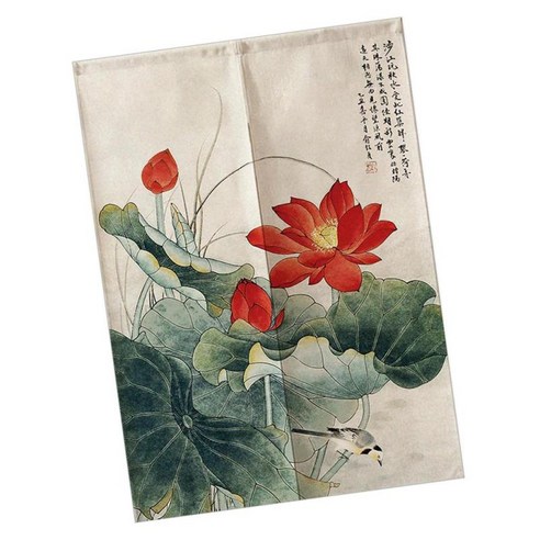 홈 주방용 쇼트 룸 디바이더 일본 노렌 출입구 태피스트리 커튼 면 린넨, 새와 Lotus-85x150cm, 설명