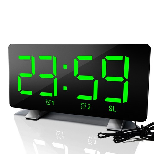 Deoxygene 디지털 알람 시계 무선 시계 충전 포트가 있는 듀얼 알람 조정 가능한 스누즈 시간 광 센서 침대 옆 D, 검정 및 녹색 텍스트
