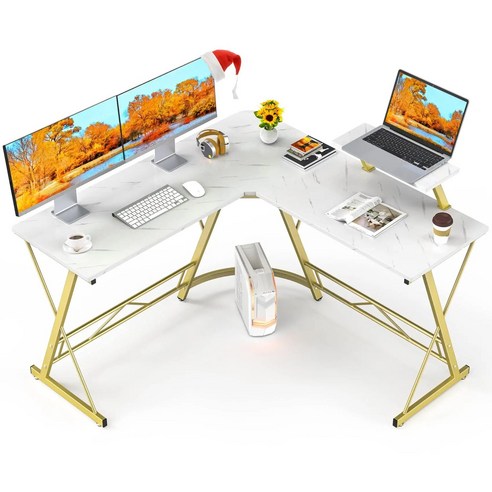 L자형 컴퓨터 책상 코너형 게이밍 책상 컴퓨터 테이블 학생 책상 서재 책상 사무용 책상, 화이트대리석무늬색상