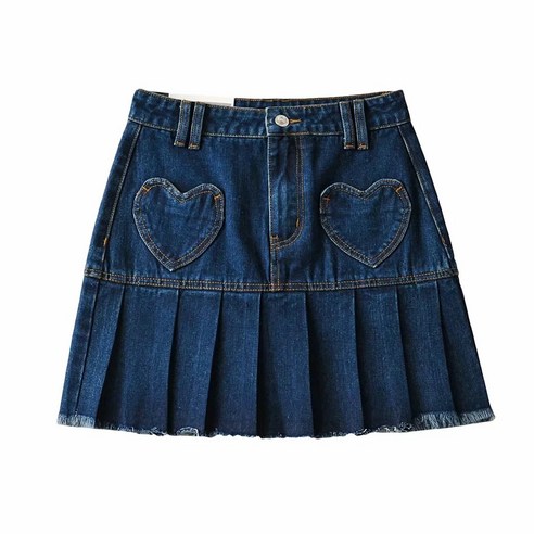 대학 스타일 안감 러브 패치 플리츠 스커트 스티칭 로우 에지 하이 웨이스트 A 라인 데님 숏 스커트 스커트 여성 여름