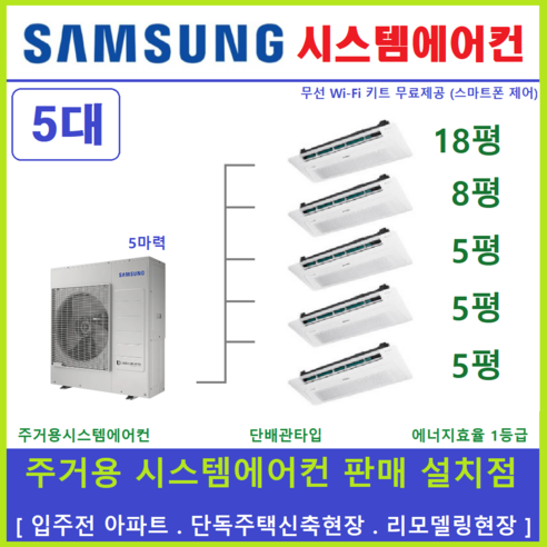 최저가서비스 멀티형  삼성 무풍 시스템에어컨 5대 / 가정용 천장형시스템에어컨, [ 아파트, 단독주택 신규설치 및 리모델링 세대 ]