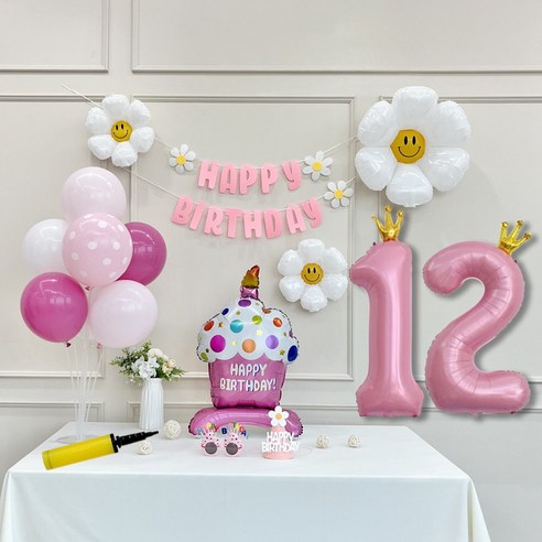 연지마켓 생일 파티 케이크 데이지 왕관 숫자 풍선 가랜드 세트, 1세트, 케이크 핑크A 12