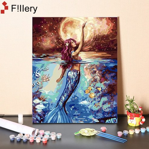 FiIIery DIY명화그리기 피포페인팅 풍경화 인물화그리기 그림그리기 세트 40 x 50cm, 79-달빛 머메이드, 1개