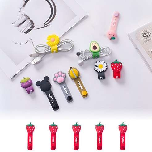 아로비 쫑쫑타이 귀여운 캐릭터 실리콘 케이블타이 선정리 밴드, 딸기 5p