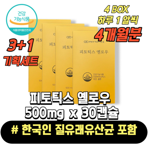 [본사정품][빠른배송] 피토틱스 옐로우 500mg x 30캡슐 4박스 4개월 최신상 질유산균 유산균 프로바이오틱스 여성질유산균 질유래 셀렌 아연 피토틱스옐로우, 30정, 4개